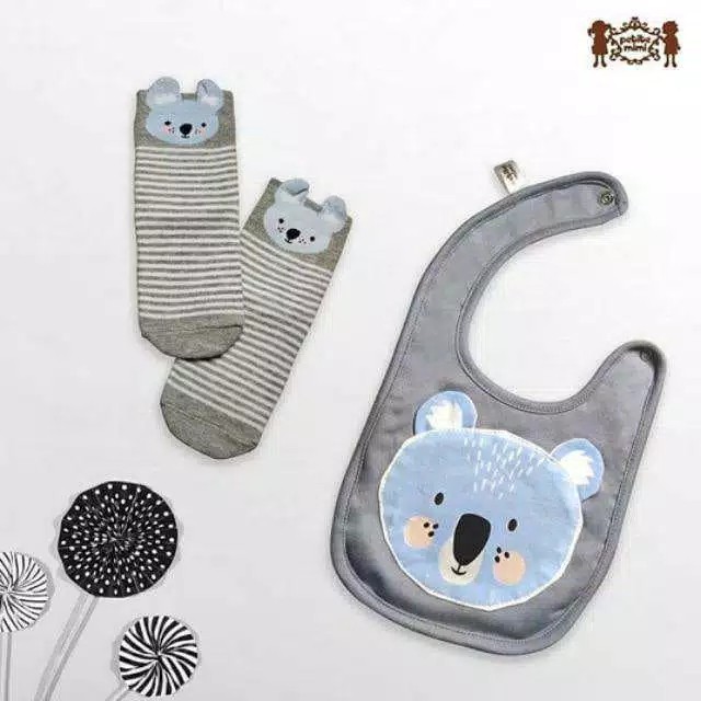 Petite Mimi Bibs + Socks 2in1 PM-BIBKK Slaber Celemek dan Kaos Kaki Bayi Motif