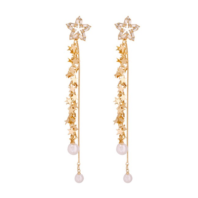 LRC Anting Tusuk Fashion Gold Alloy Pearl Pentagram Tassel Stud Earrings F72650