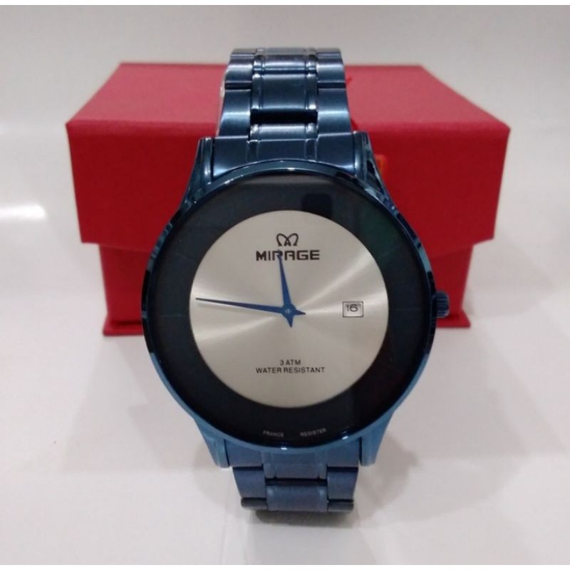 jam tangan pria;MIRAGE M8670BRP-Lbiru plat putih 2jarum~ORIGINAL WATER RESISTANT~TGL~STAINLESS