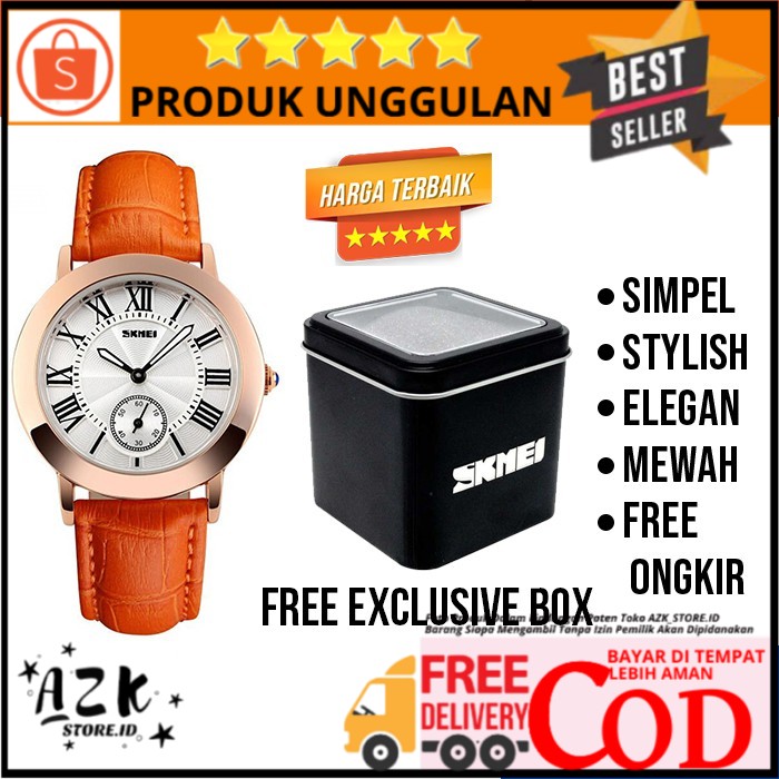 JAM TANGAN STRAP KULIT ANALOG WANITA ANGKA ROMAWI MURAH TAHAN AIR ORANGE CEWEK CWE PEREMPUAN SKMEI