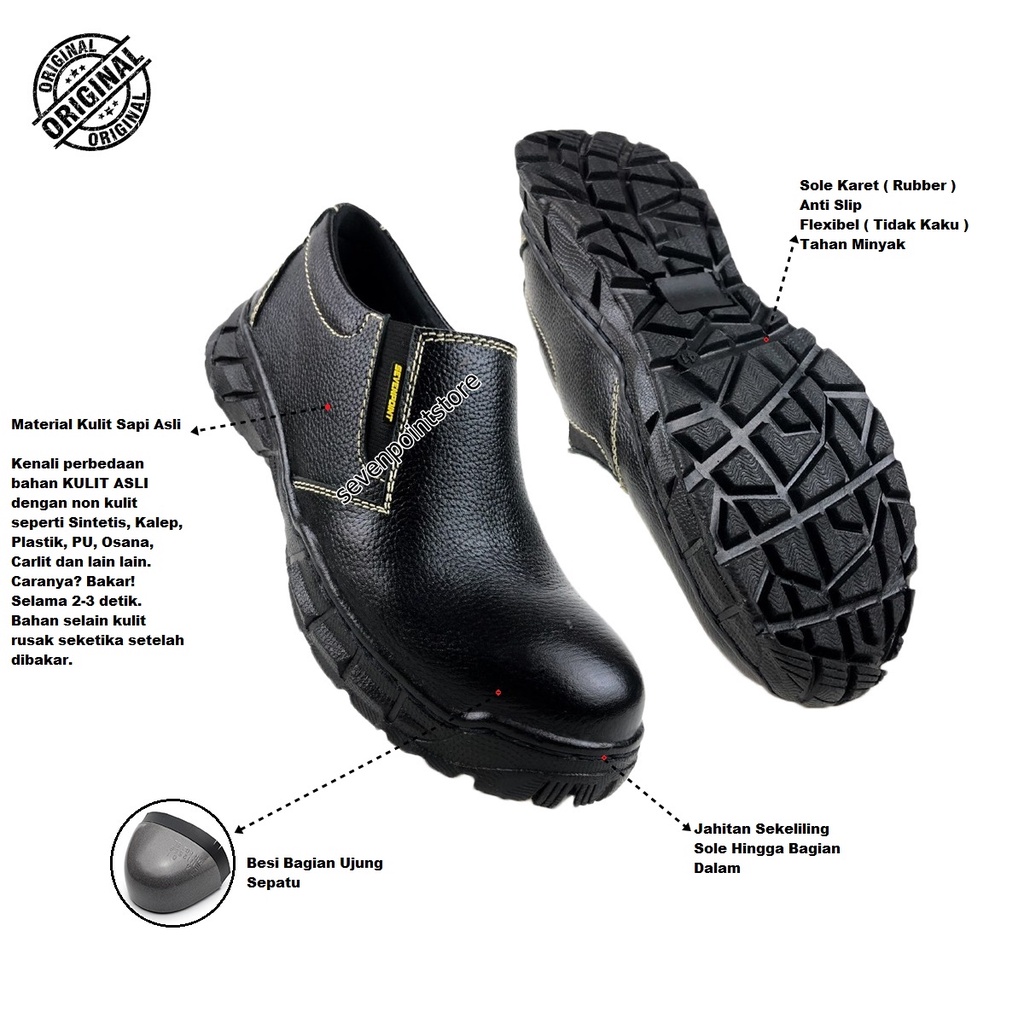 Sepatu Safety Slip On Kulit Sapi Asli Original Septi Shoes Pria Ujung Besi Slop Selop Kerja Lapangan Proyek Industry Spatu Kitchen Cowok Cewek