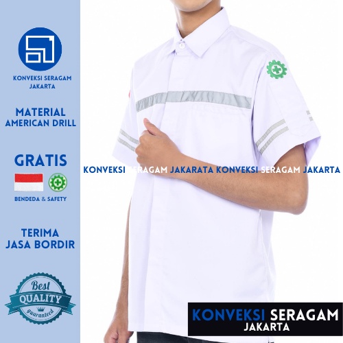 Baju Kemeja Safety K3 Lengan Pendek - Seragam Kerja Atasan Wearpack Werpack Werpak Proyek Tambang Warna Puith Pria Wanita - Konveksi Seragam Jakarta