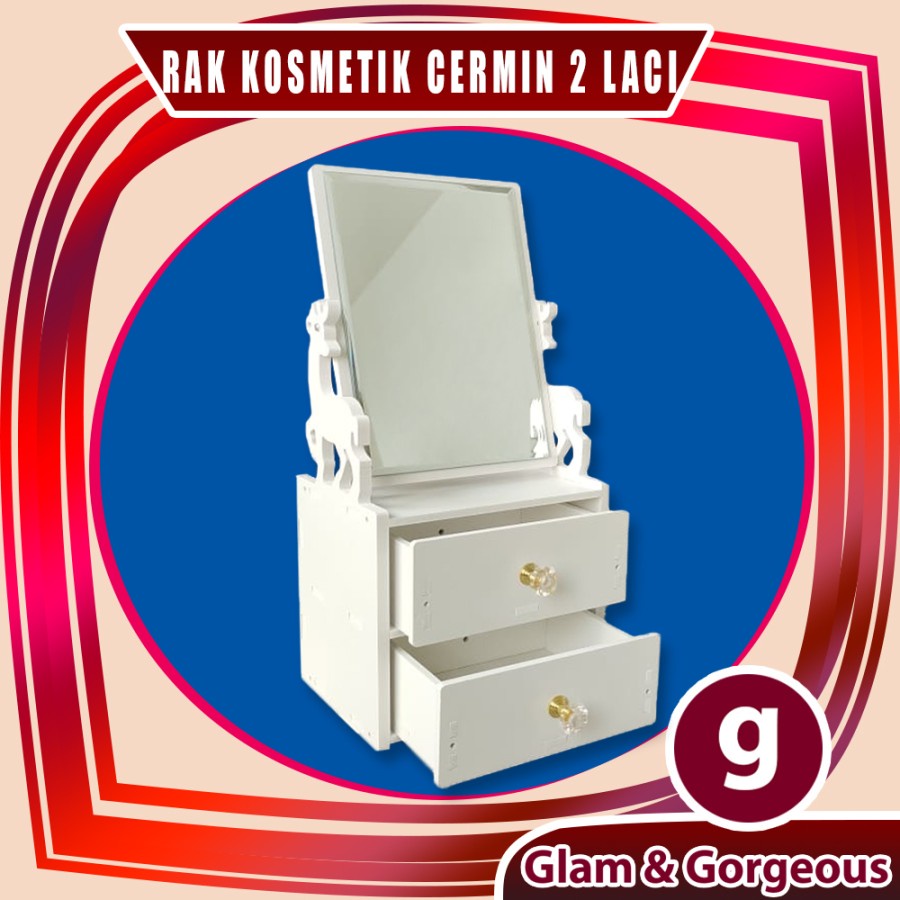 Rak Kosmetik Kayu Kotak Tempat Makeup SkinCare 2 Laci DS023 Tahan Air Bonus Cermin