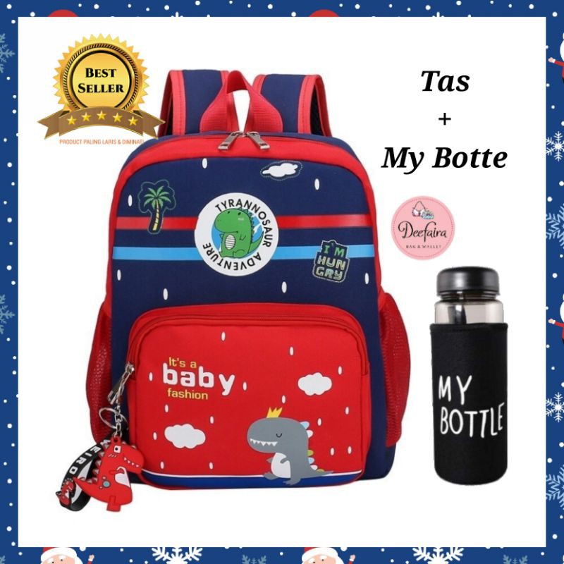 Tas Sekolah TK SD Backpack Dino Anak Laki Laki Tas Punggung Anak Perempuan Free My Bottle