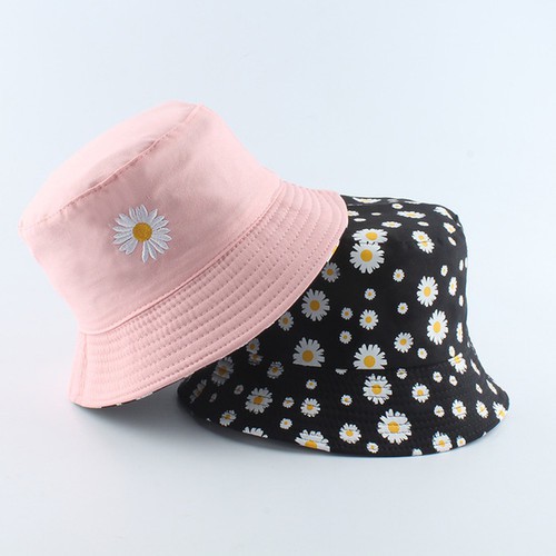 Topi Bucket Dua Sisi Anti Uv Motif Bordir dan Sablon Bunga Daisy Bahan Drilll / Daisy 002-Pink Bunga Anak