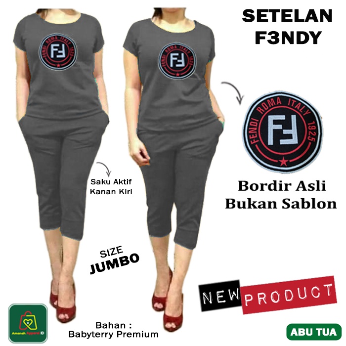 Setelan Kaos Hotpants Wanita F3NDY JUMBO Bordir Bahan Babyterry Premium Hot Pants 7/8 SIze XL - 09251