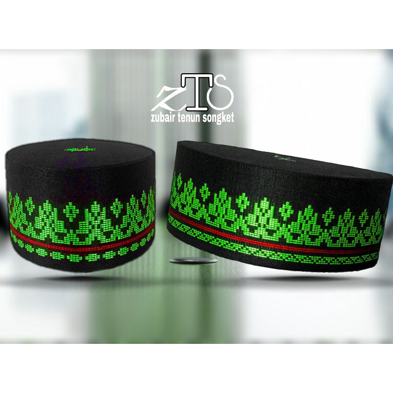 PECI hitam hijau lis merah SONGKOK Zubair tenun Songket motif bunga ibadah dan mengaji ustadz