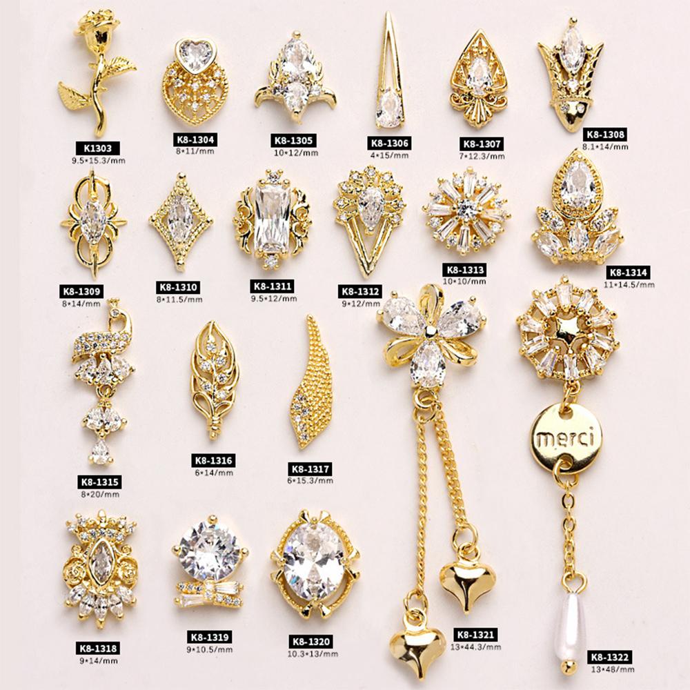 Mxbeauty 3D Kuku Berlian Imitasi Emas Shiny Charms Rose Flower Diamond Zircon Kristal Liontin Rantai