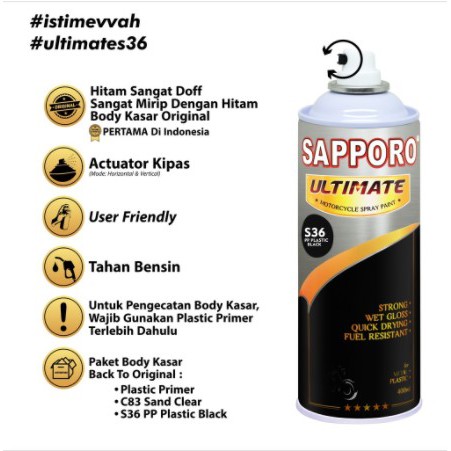 Cat Semprot Pilox Sapporo Ultimate S36 PP Plastic Black 400cc Back To Black Original Hitam Pylox