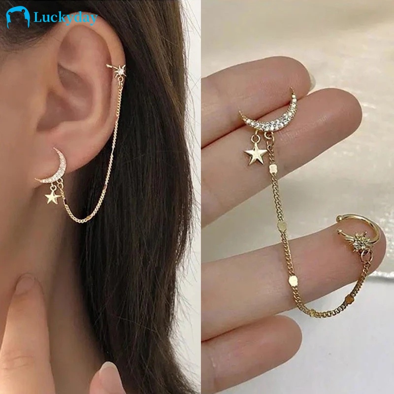 YEEZII Elegant Star Moon Stud Earrings Gold Chain Earring Tassel Earing Ear Clips Crystal Earings for Women Accessories Jewelry