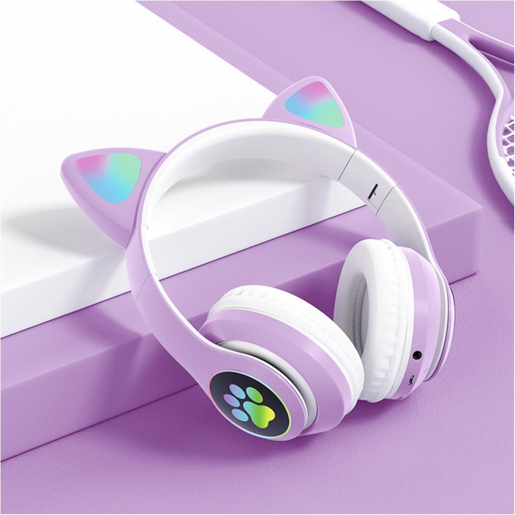 B39 JST28 Headset Anak Motif Kuping Kucing Bando Model Telinga / Handphone Bluetooth LED On-Ear Bass