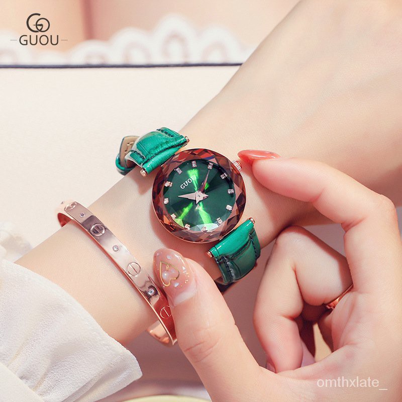 【Factory Outlet】【COD】GUOU Asli Anggun dan Mungil Rhinestone Quartz Jepang Watch Gerakan Fashion Kulit Asli Wrist Watc