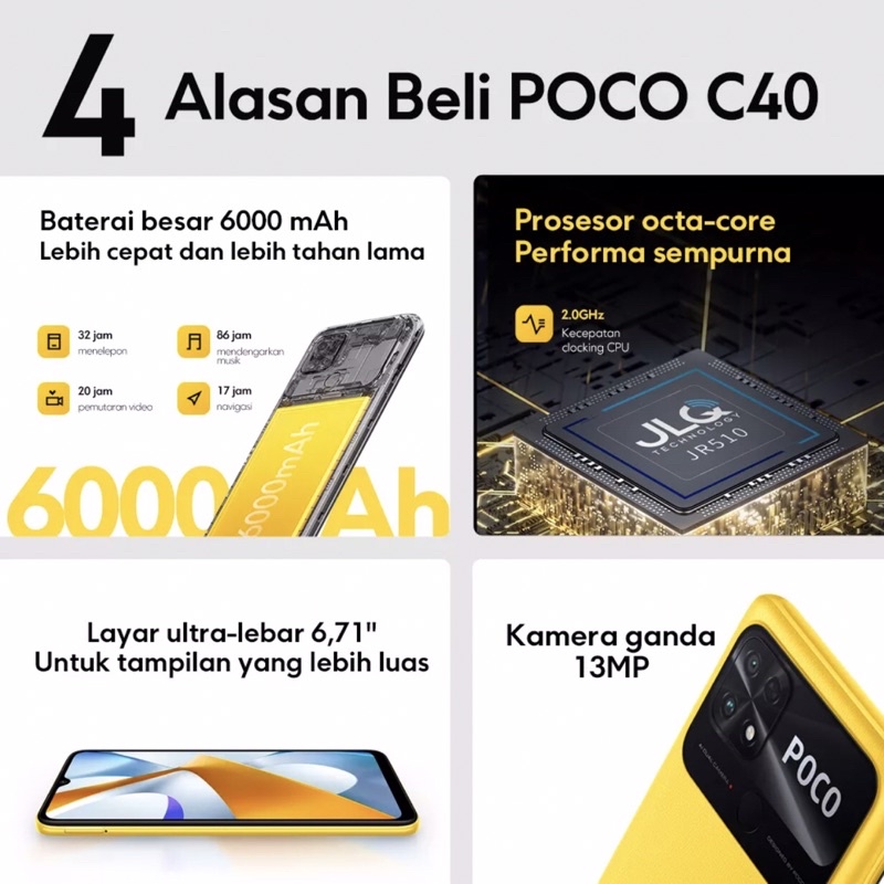 Xiaomi Poco C40 [3GB+32GB - 4GB+64GB] JLQ JR510 | 13MP Dual Camera | 6.71&quot; IPS LCD | IP52 | 6000mAh Garansi Resmi Xiaomi 15 Bulan