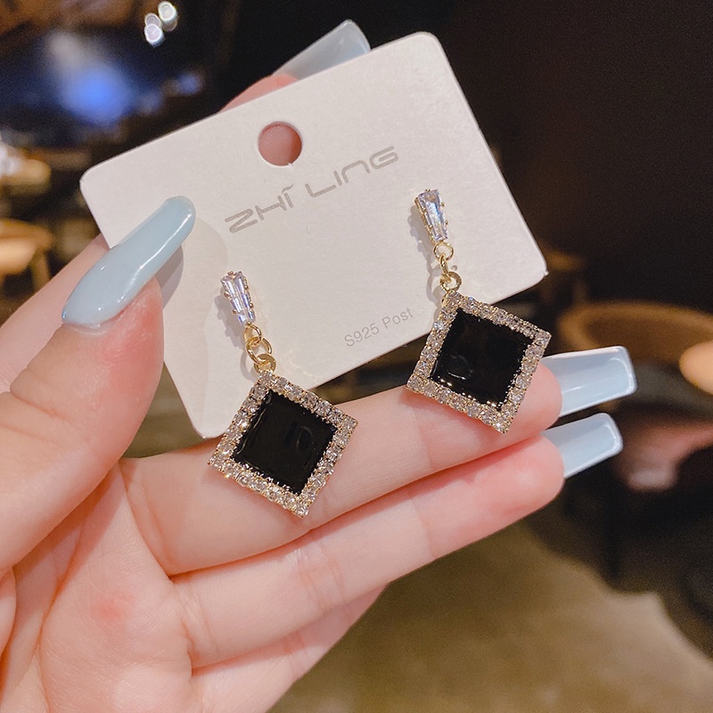 s925Sterling Silver Jarum Square Full Berlian Imitasi Zirkon Anting-Anting Wanita Korea Fashion Ornamen-1