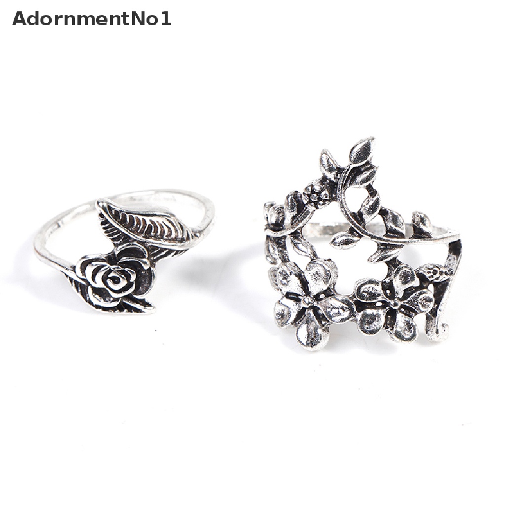 (AdornmentNo1) 4pcs / Set Cincin Silver Antik Gaya Bohemia Motif Bunga Mawar Untuk Perhiasan Wanita