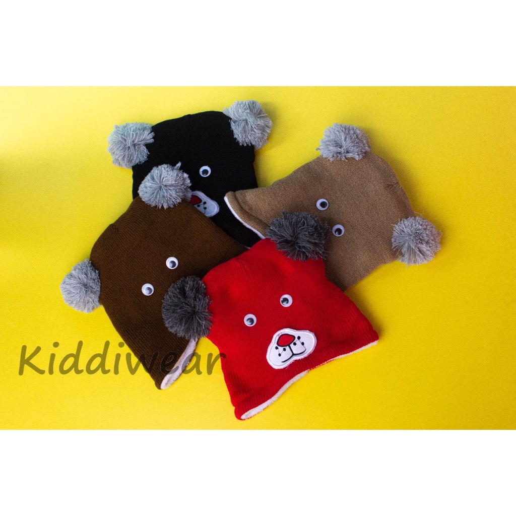 kiddiwear TOPI ANAK TOPI RAJUT POMPOM BORDIR MATA BEST QUALITY TOPI BAYI KUPLUK BEAR TP15