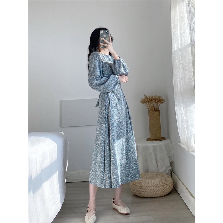 AIMEI Dress Model korea Round Neck Motif Bunga Gaya Retro Untuk Wanita