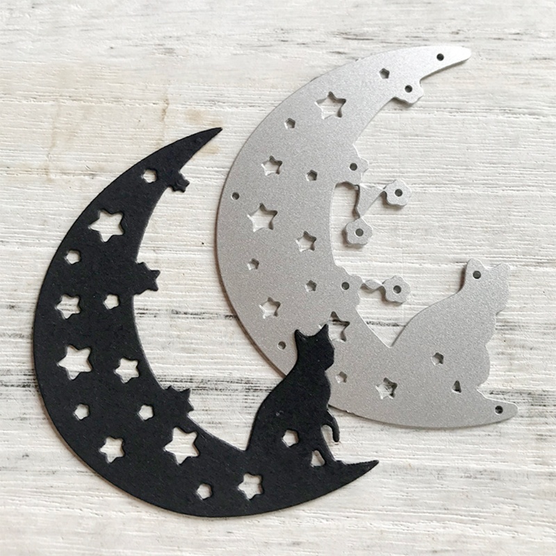 Cetakan Stensil Cutting Dies Motif Kucing Bulan Halloween Bahan Metal Untuk Scrapbook / Craft DIY