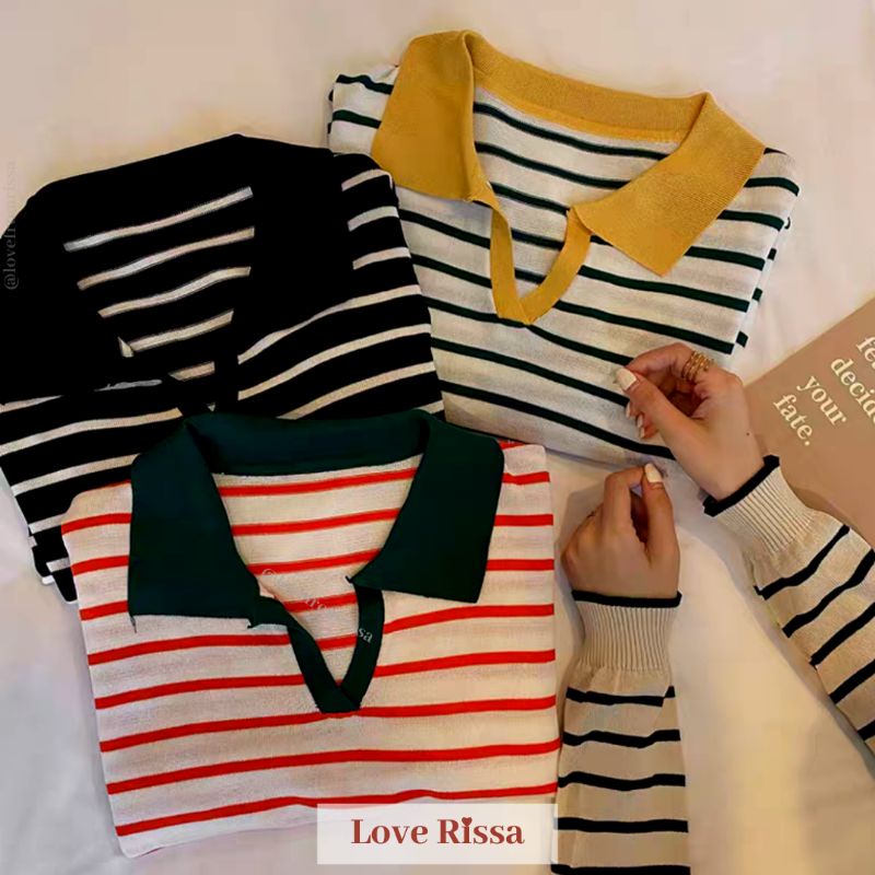 Baju Caroline Garis Baju Korea Lengan Panjang Baju Rajut Knit Lengan Pendek Wanita Love Rissa