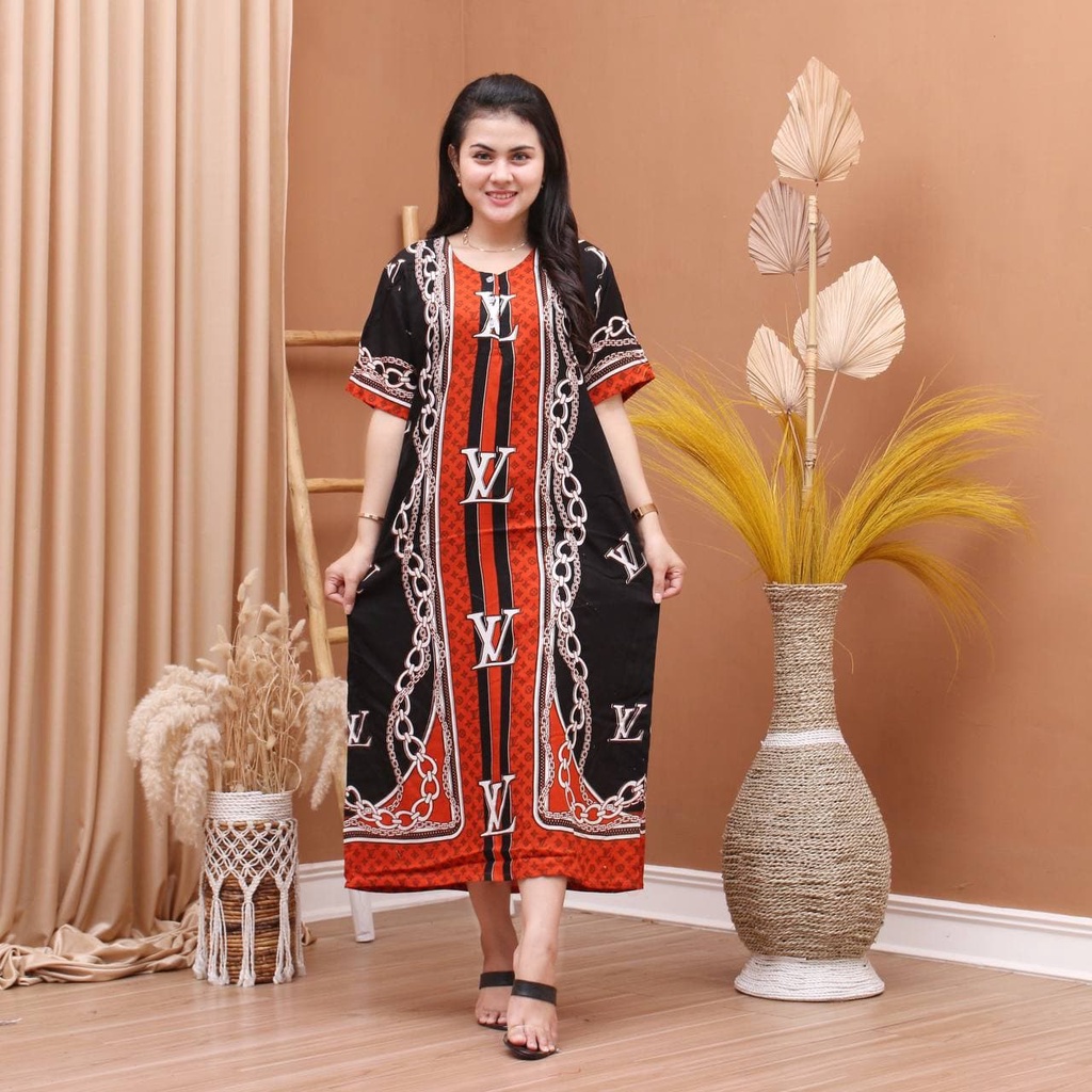 Daster Batik Prass - Motif Abstrak - Leher Kancing - Busui - Bumil - Centini Hitput-Lvs Orange