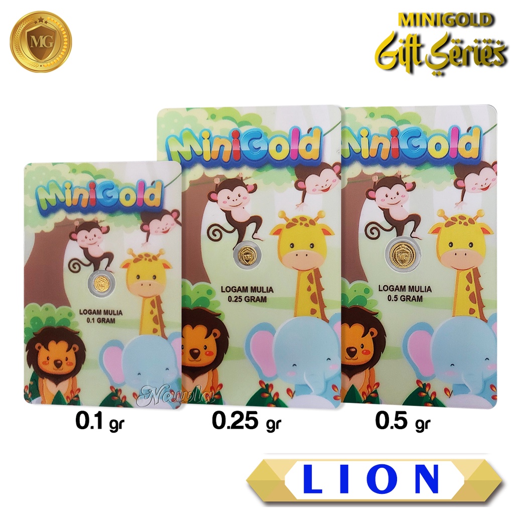 Minigold Gift Series LION Asli Logam Mulia Emas Murni 24 Karat Gift Card Hadiah Kado Anak-Anak