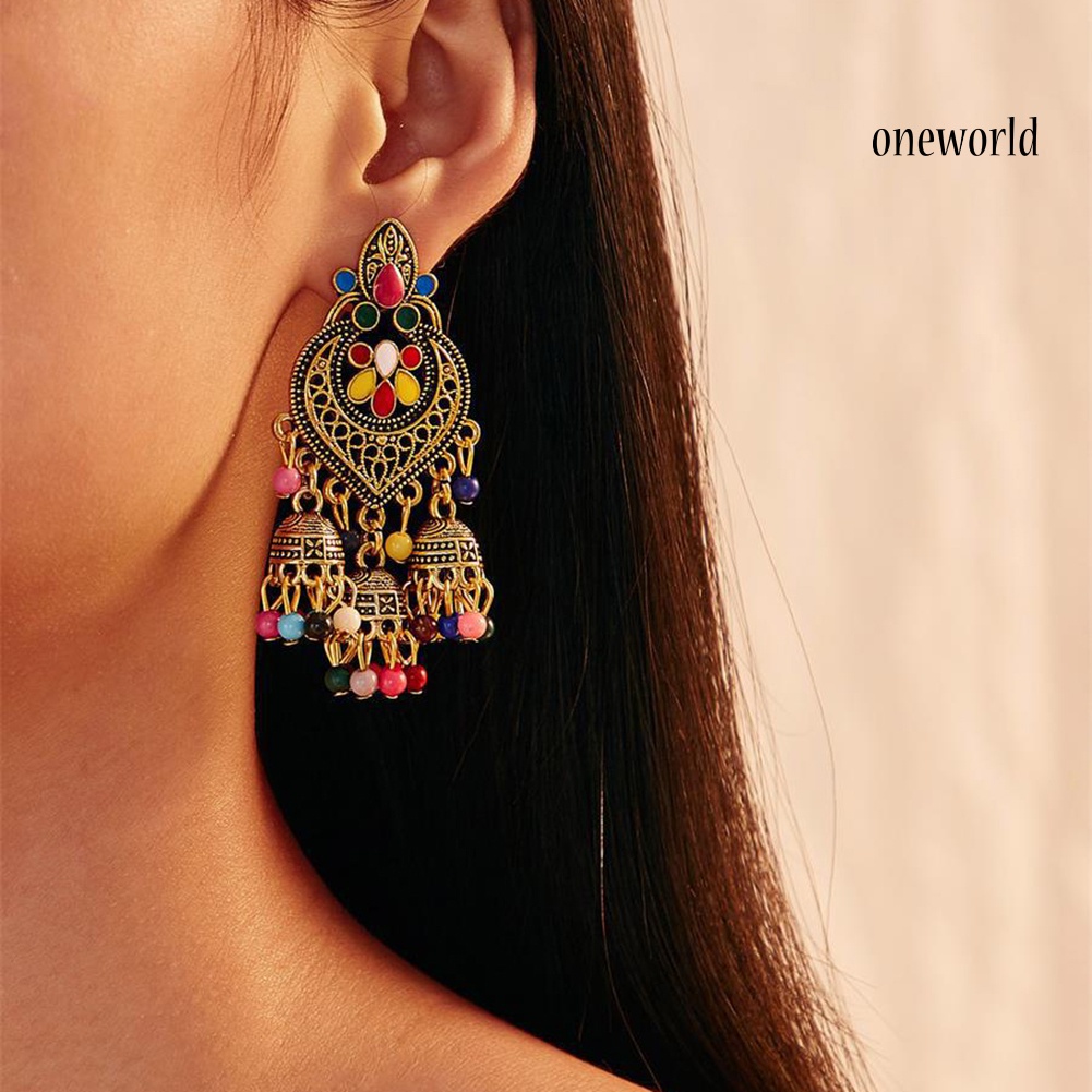 OW# Bohemian Women Heart Bead Tassel Dangle Ear Stud Earrings Statement Jewelry Gift