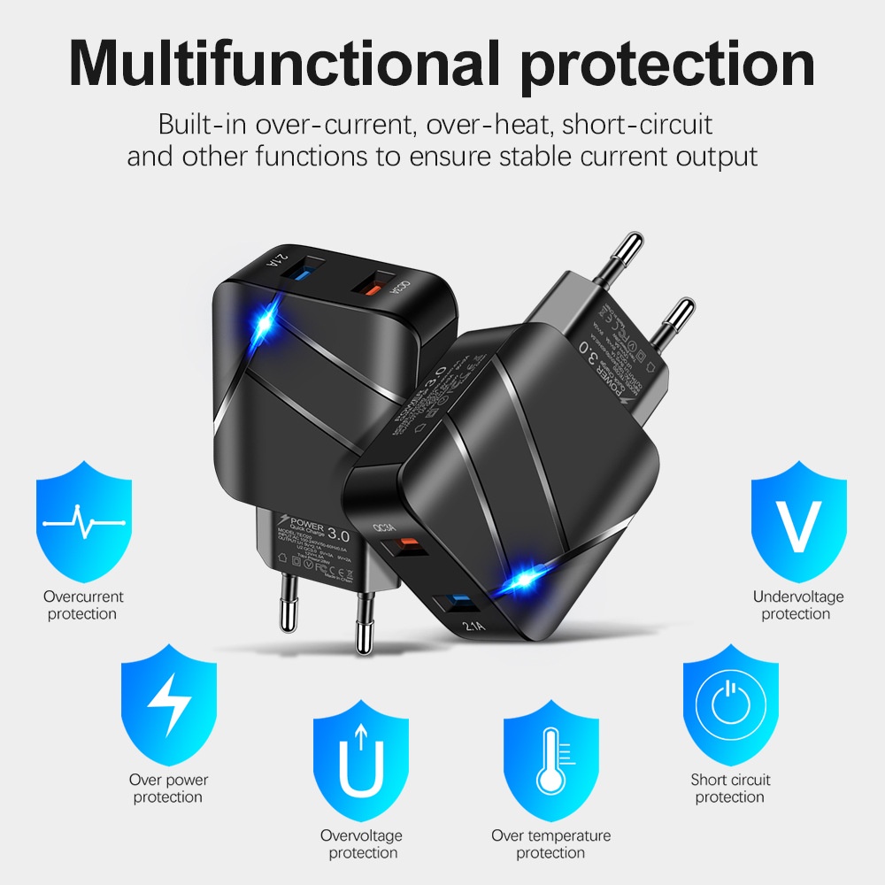 Adapter Charger Dual Port USB QC3.0 Fast Charging Multi Port Dengan Lampu Untuk Handphone