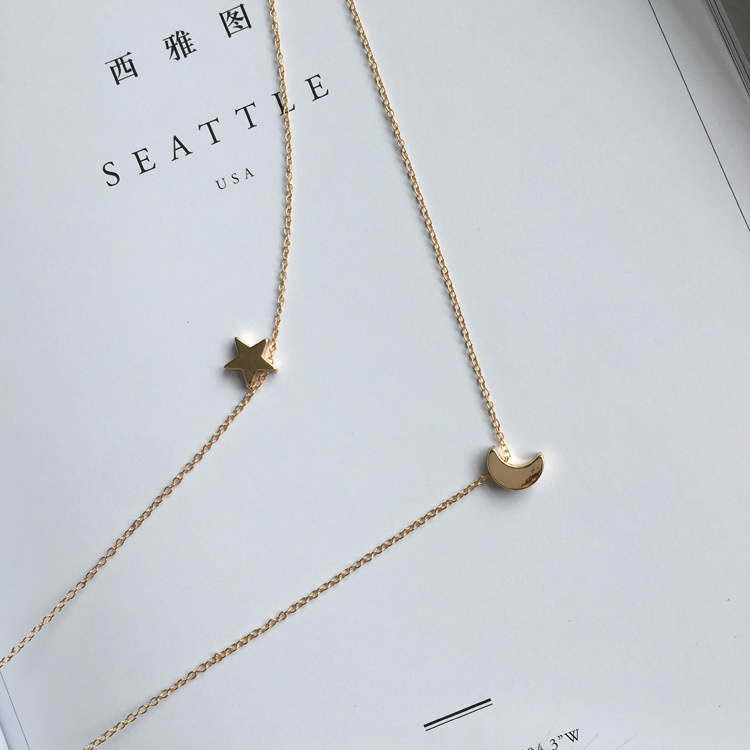 Korean Star Moon Pendant Necklace Double Clavicle Chain Gold Silver Color Short Choker for Women