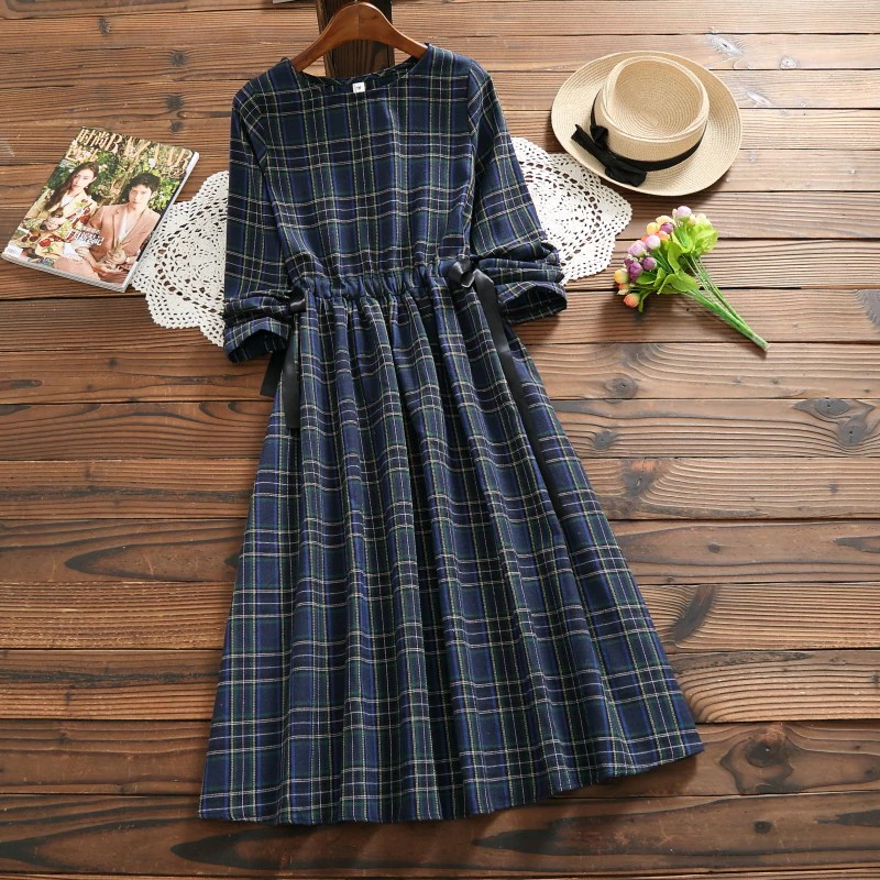 MURAH Vintage Autumn Spring Women Plaid Dress Mori Girl Cotton Linen Elegant Female Vestidos Long