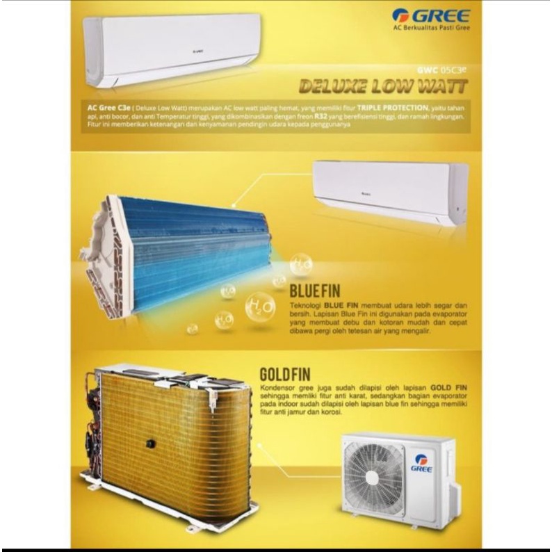AC GREE 1 PK GWC-09C3ES DELUXE LOW WATT GOLDEN FIN + BLUE FIN + INSTALASI PEMASANGAN