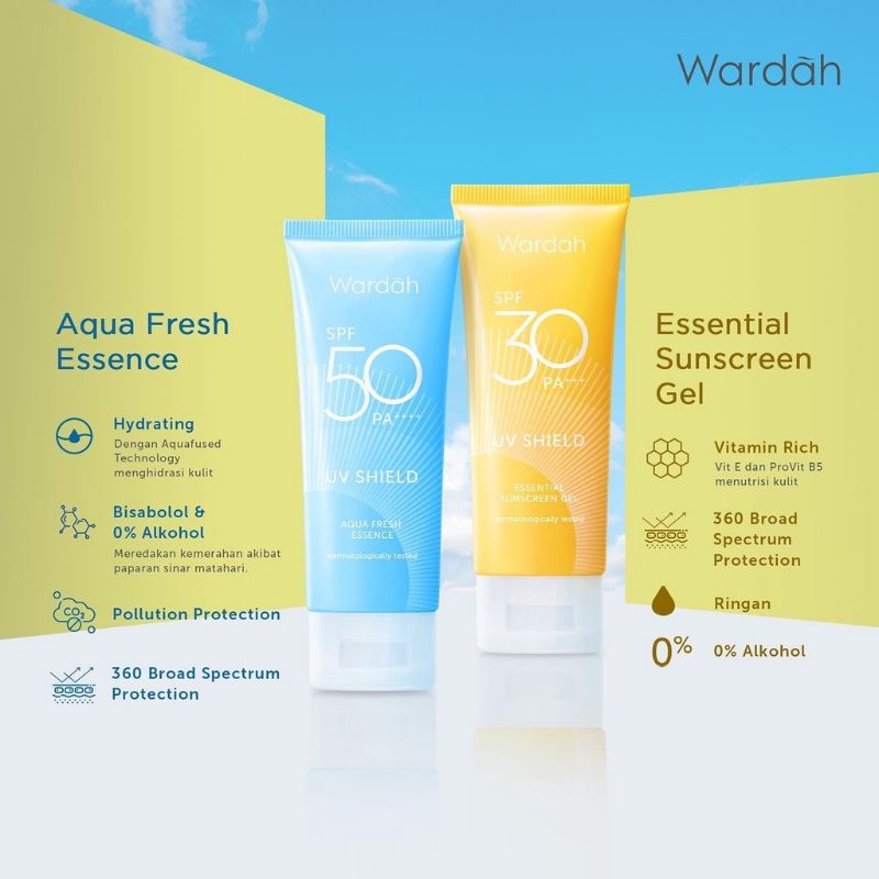 Wardah UV Shield Aqua Fresh Essence SPF 50 PA+++ 30ml | Essential Sunscreen Gel SPF 30 PA+++ 40ml