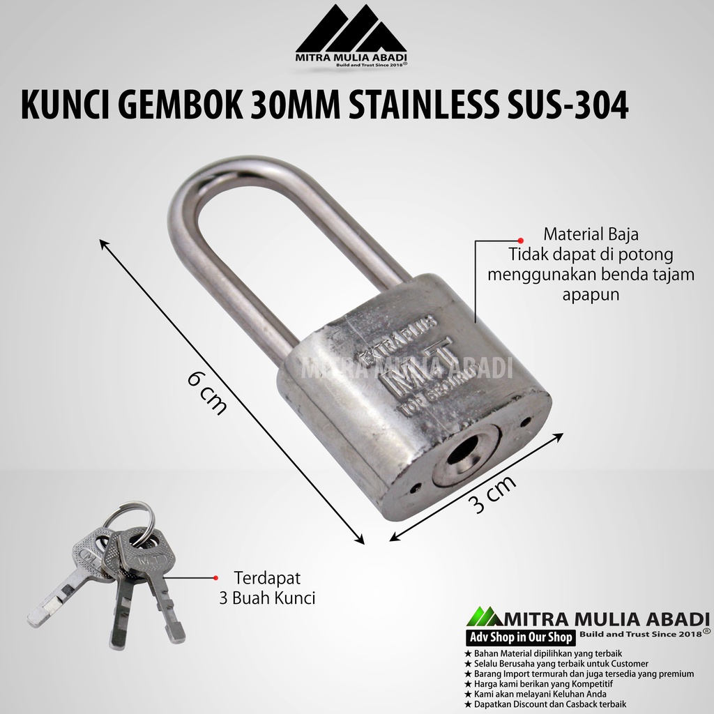 Kunci Gembok Stainless Panjang 30 mm / Iron Pad Lock / Leher Panjang