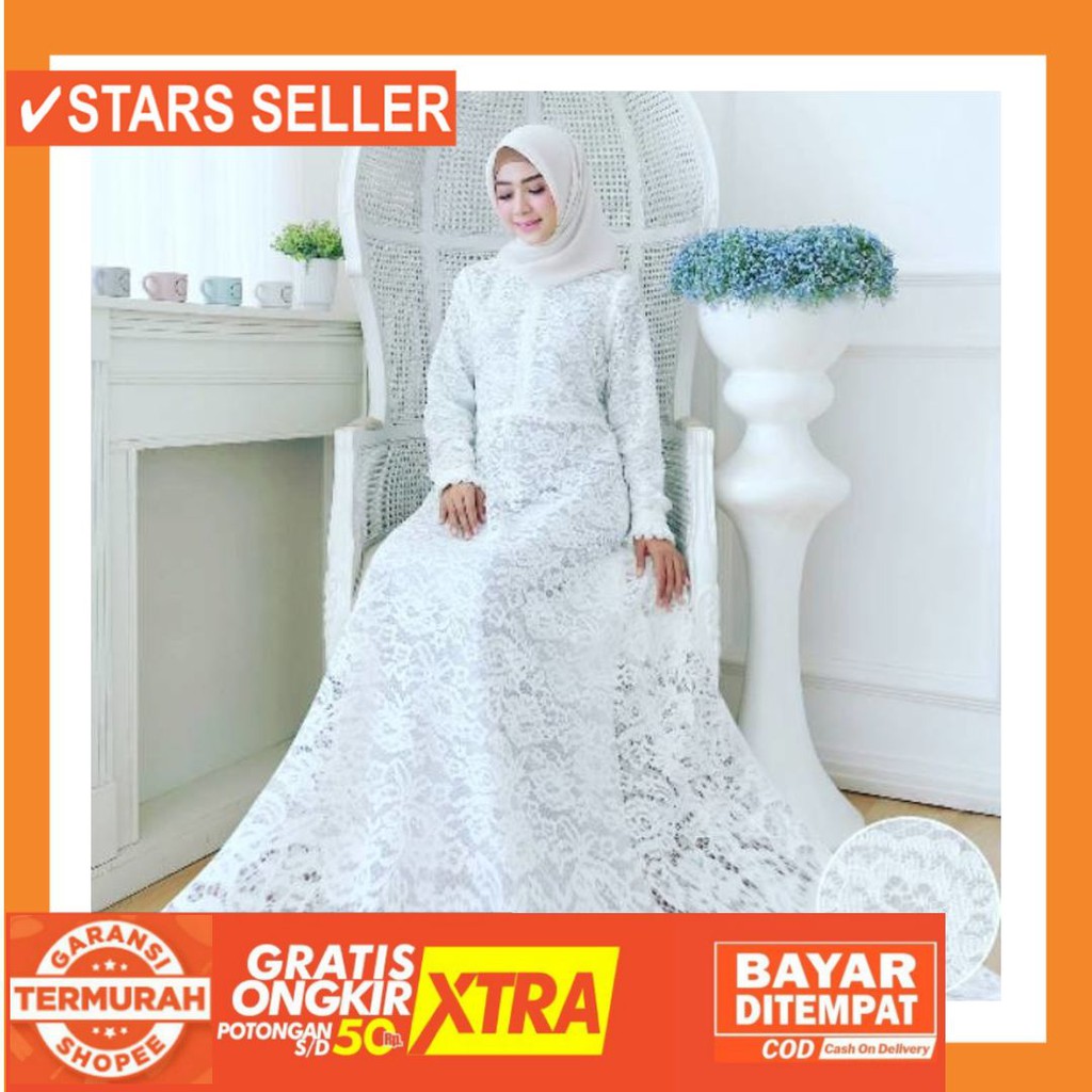 Baju Muslim Lebaran Baru Idul Fitri Buat Sholat Gamis Brukat Putih Gamis Nikah Gamis Putih Shopee Indonesia