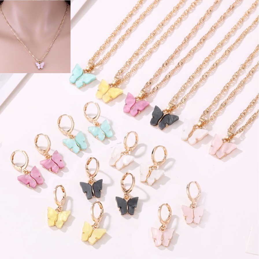 Kalung Liontin Anting KUPU-KUPU WARNA Gaya Korea Fashion Wanita Butterfly Rantai Titanium Alloy