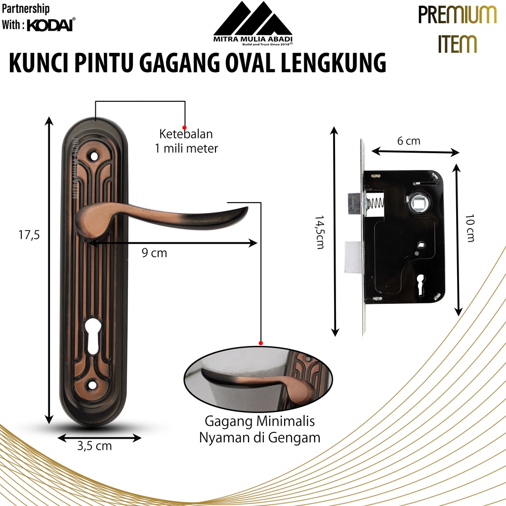 Kunci Pintu Antik Coklat Silver Gagang Oval Lengkung I By Top Safety I Fullset