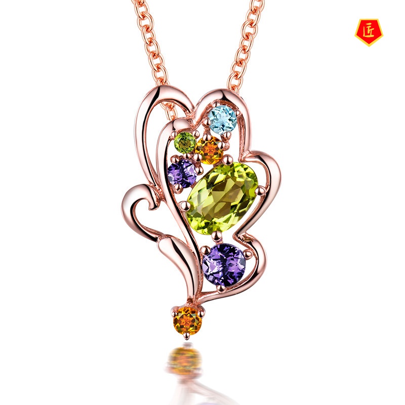 [Ready Stock]Leaf-Shaped Colorful Gemstone Pendant 18K Rose Gold Exquisite Elegant