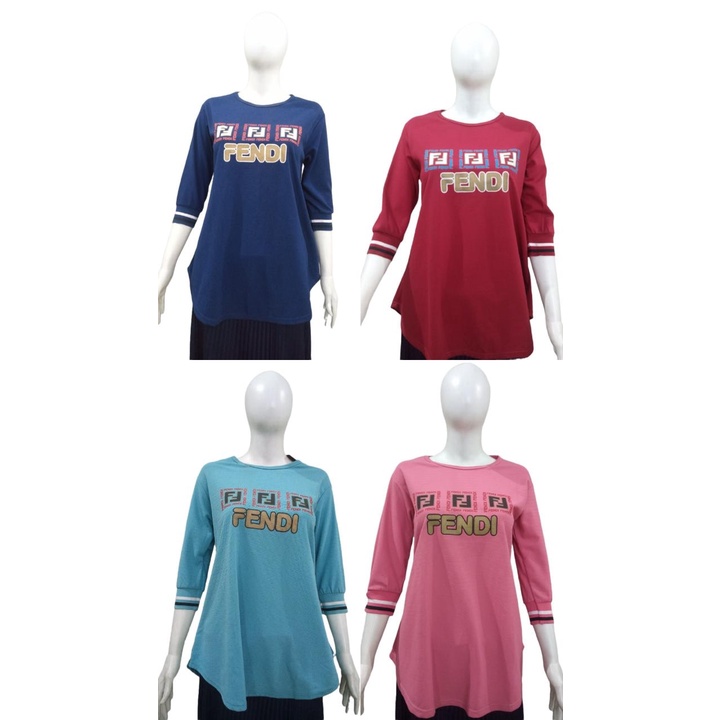 Baju Kaos Wanita lengan 3/4 bahan katun dengan stiker fendi