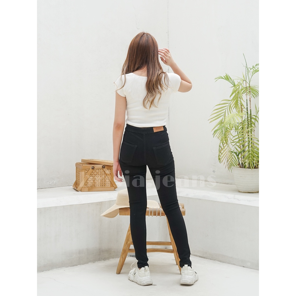 [SIZE 27-38] ROSE Highwaist Jeans Ripped - Black / HW Jeans Bigsize Sobek Lutut Silet