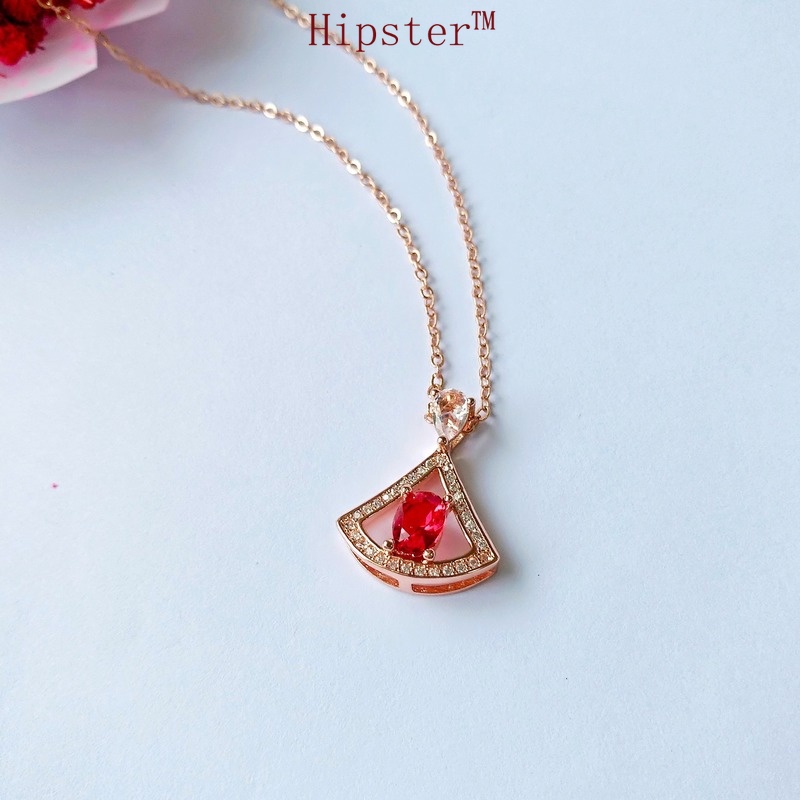 Retro Graceful Personality Fan-Shaped Ruby Pendant Full Diamond Light Luxury Hollow Necklace