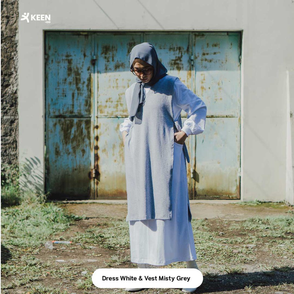 KEEN.IDD - One Set Package 2 ( Maxi Dress Aline Bubblehand & Vneck Long Vest) | Premium Cotton Combed & Cotton Terry-D.White x V.Grey