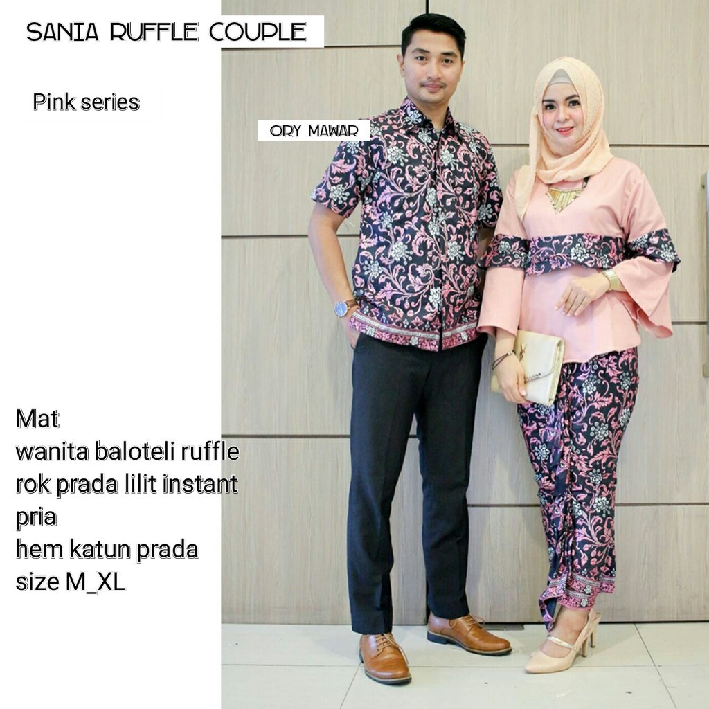 Sarimbit Batik Elegant Couple Sania Mawar ruffle - Warna Ungu, Tosca, Late, Biru, Kuning - M L XL