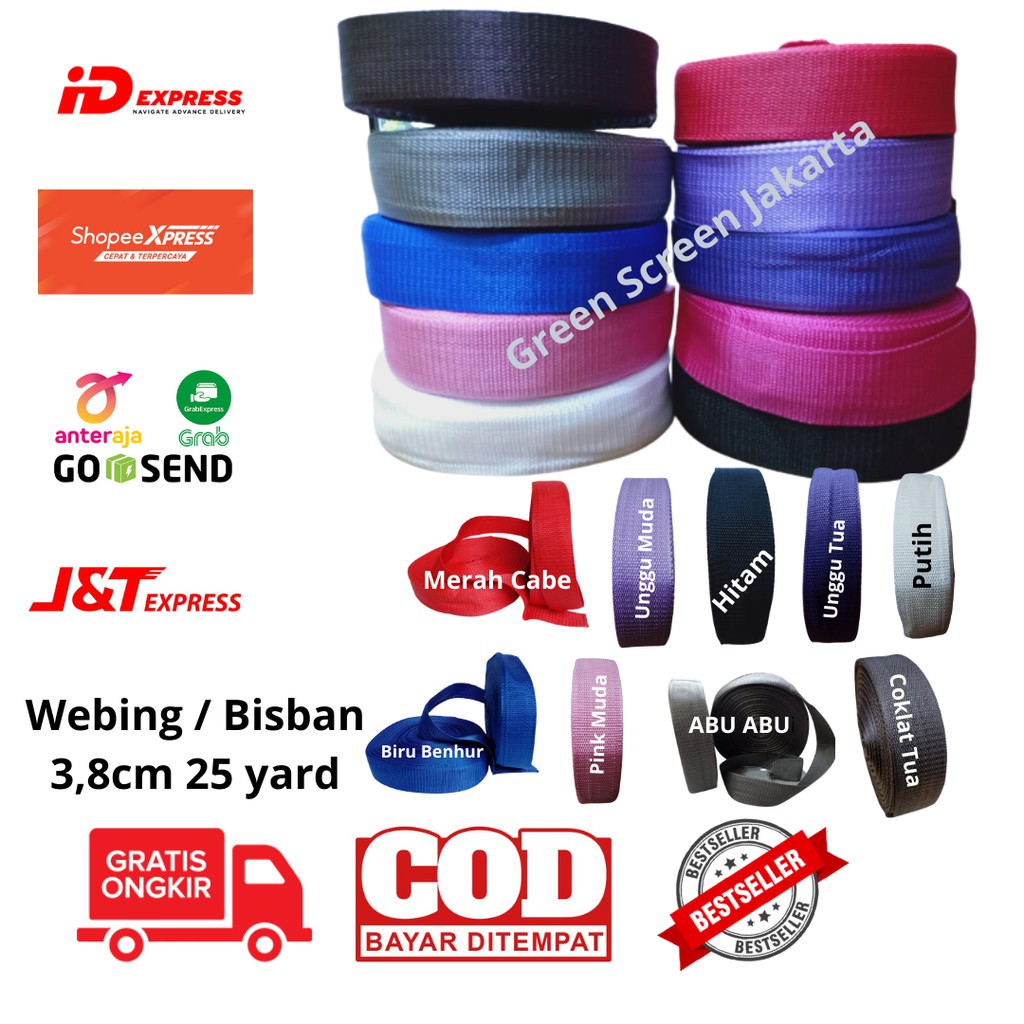 

Bisban warna / ROLL tali tas 3,8cm X 25 yard