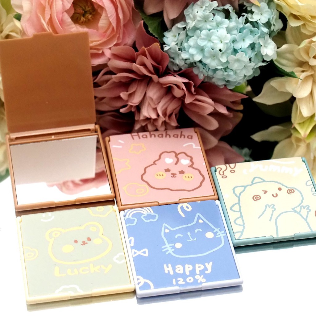 Cermin Lipat Kotak Saku Portable Mini Motif Animal Shabby Lucu Kaca Lipat Make Up Travel Aesthetic