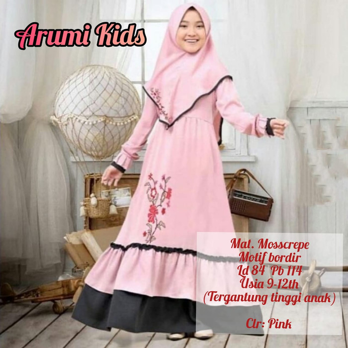 Model 2021 Gamis Anak Perempuan Usia 10-12 Tahun ARUMI KIDS Baju Anak Muslim - pink lebaran keren