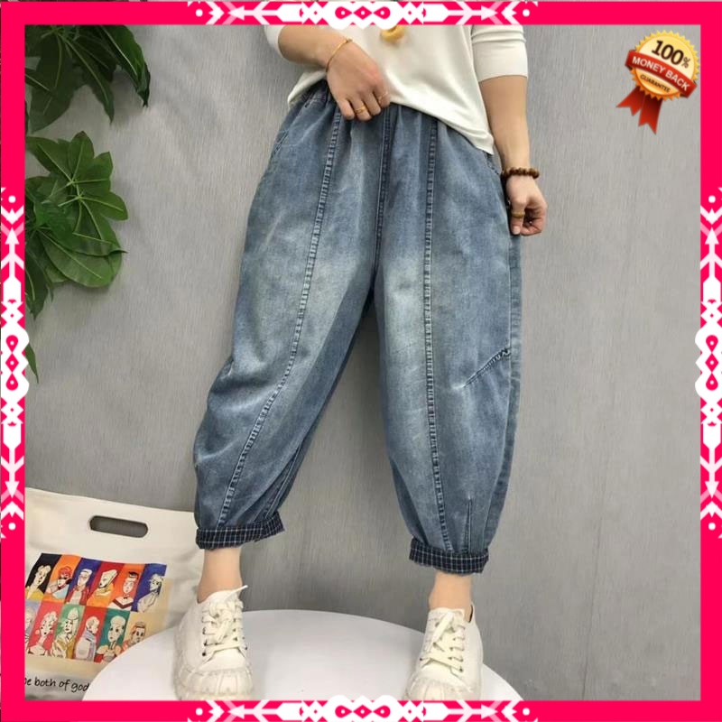 Celana Highwaist Wanita Jeans Spring Arts Style Women Elastic Waist Loose Vintage Blue Jeans All-mat