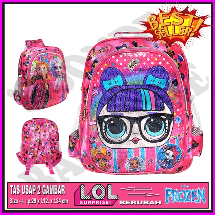 Tas ransel usap Sequin 2 gambar Anak sekolah SD karakter LOL UNICORN HELLO KITTY PONY FROZEN