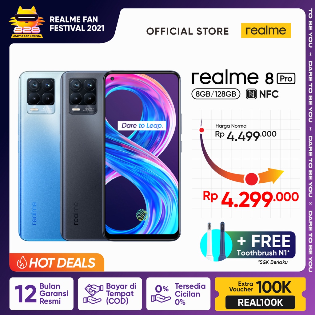FREE REALME TOOTHBRUSH N1 HP realme 8 Pro 8 128 108MP Quad Camera, 50W Charge, SuperAMOLED