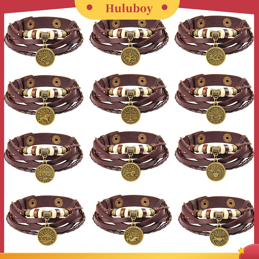 Hu Hu Hu Hu Hu Alat Bantu Pasang Kacamata♡ Gelang Multilayer Bahan Kulit Imitasi Aksen Manik-Manik 12 Rasi Bintang Untuk Unisex