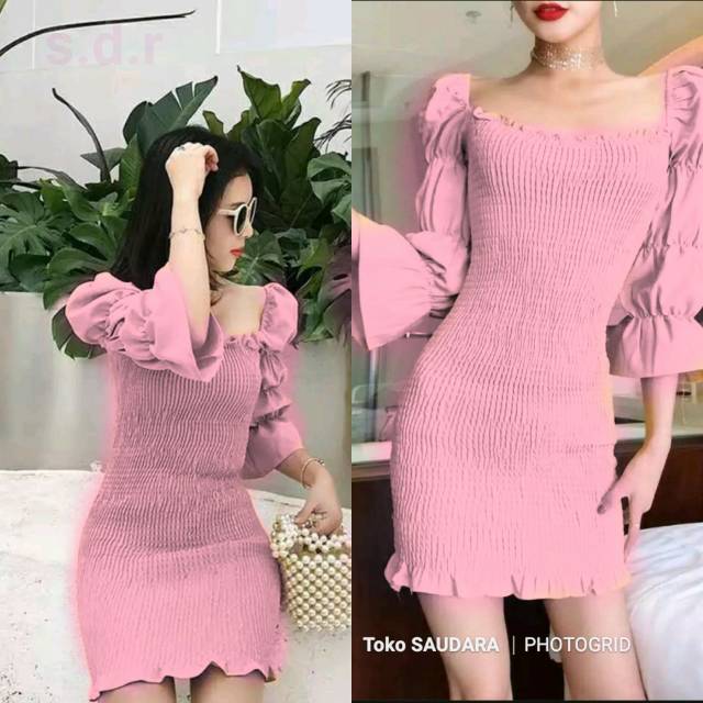 Dress sabrina full kerut tangan 3/4