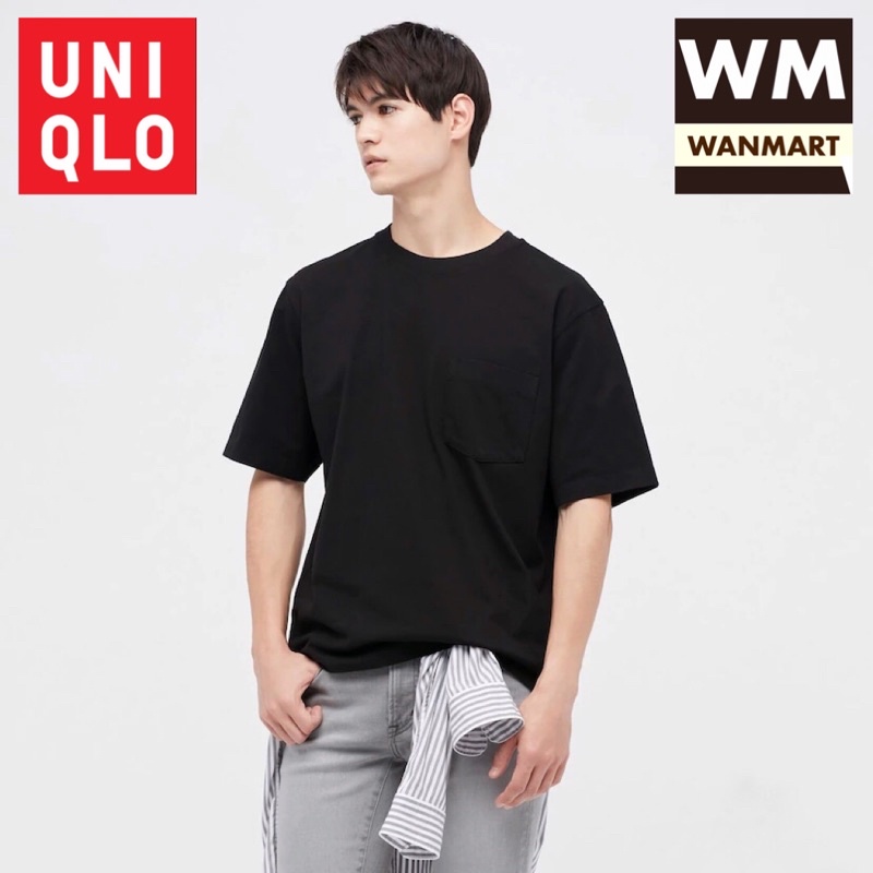 UNIQLO Men T-Shirt Kaos Pria Oversized Saku Crew Neck Lengan Half Black